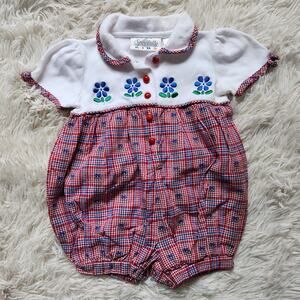 Infant Girls Romper 6-9mos Red White Plaid Short Sleeves Cotton Vintage